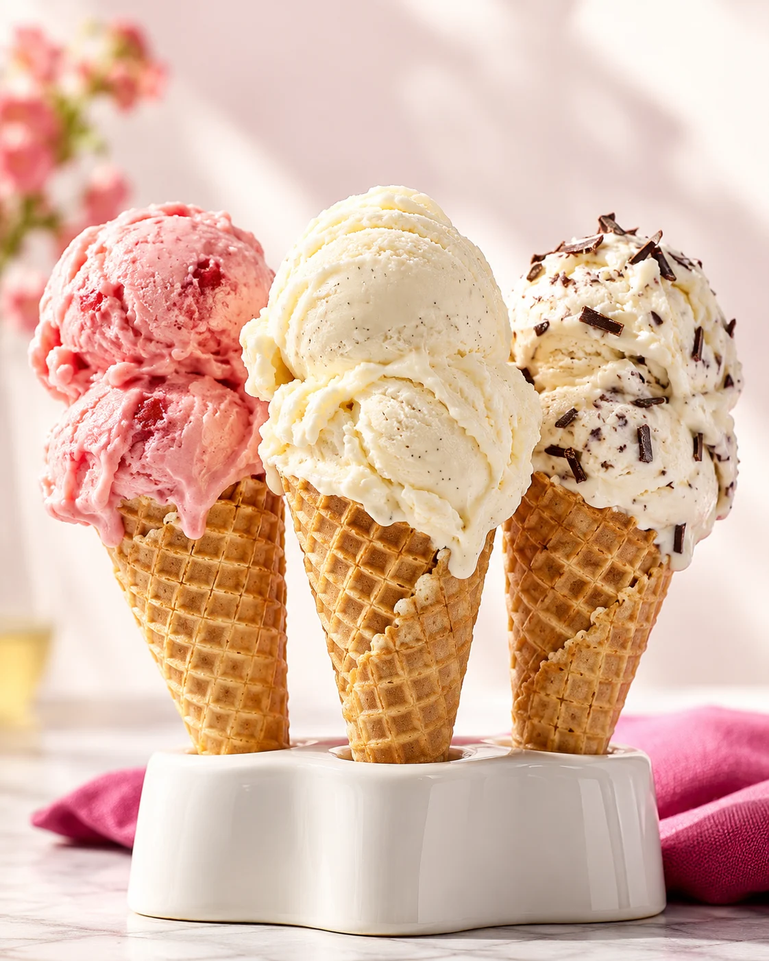 Romig aardbeien-, vanille- en stracciatella-ijs in krokante hoorntjes